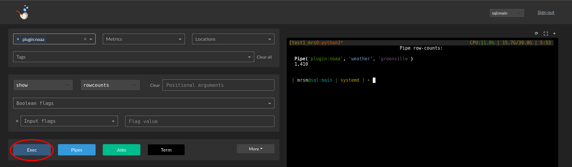 Execute actions via the webterm