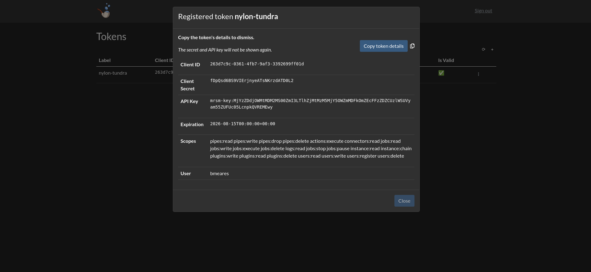 Register token popup