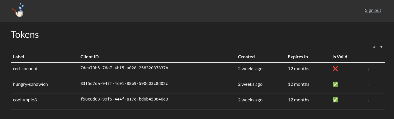 Web Console tokens page